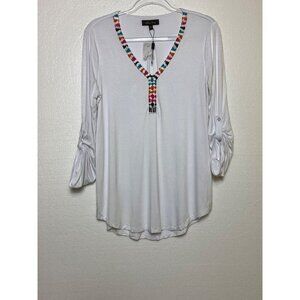 White Long-Sleeve V-Neck Top Coastal Cowgirl‎ Boho Small casual hippie classic